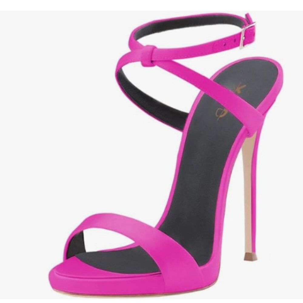 XYD Hot Pink Low Platform Open Toe Ankle Strap Sandals High Heel Stilettos Shoes